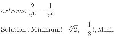 The extreme 2/(x^{12)}-1/(x^6) is Minimum(-\sqrt[3]{2},-1/8),Minimum(\sqrt[3]{2},-1/8)